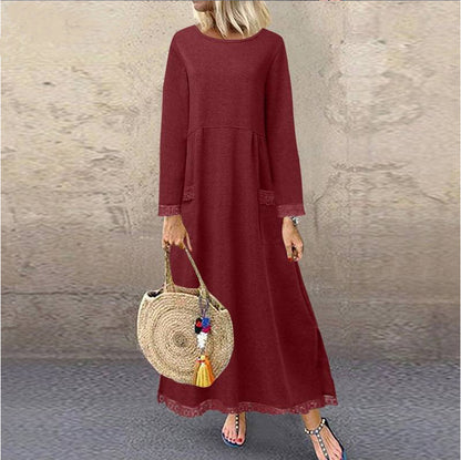 Vestido largo sencillo de color liso con mangas largas y costuras de encaje para mujer