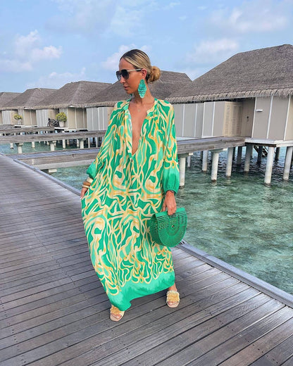 Autumn Women Graphic Printed Pullover Long-Sleeved V-Neck Loose Casual Maxi Dress