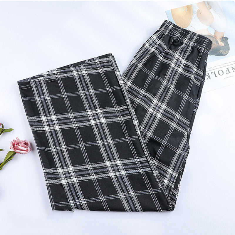 Women Edgy Summer High Waist Straight Plaid Loose Casual Wide Leg Pants
