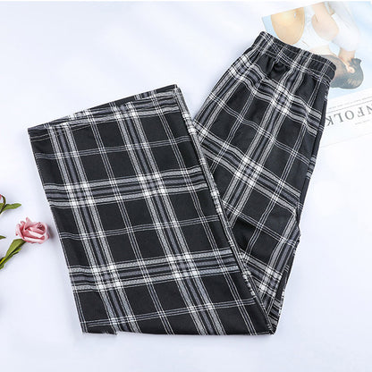 Women Edgy Summer High Waist Straight Plaid Loose Casual Wide Leg Pants