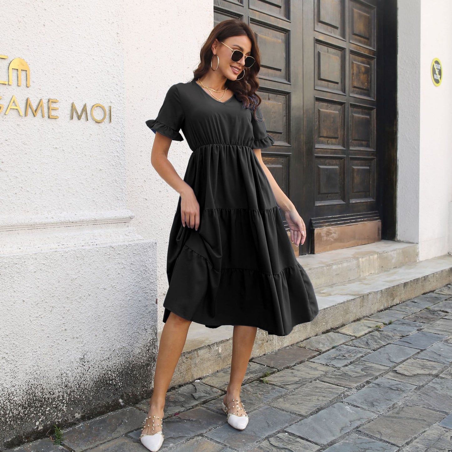 Women'S Casual Solid Color V-Neck Dress