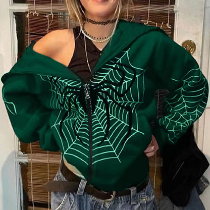 Sudadera holgada con cremallera y estampado de telaraña para hombre y mujer, estilo informal, a la moda urbana