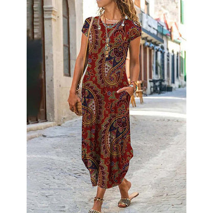 Vestido largo informal de manga corta con cuello redondo y estampado floral geométrico para mujer