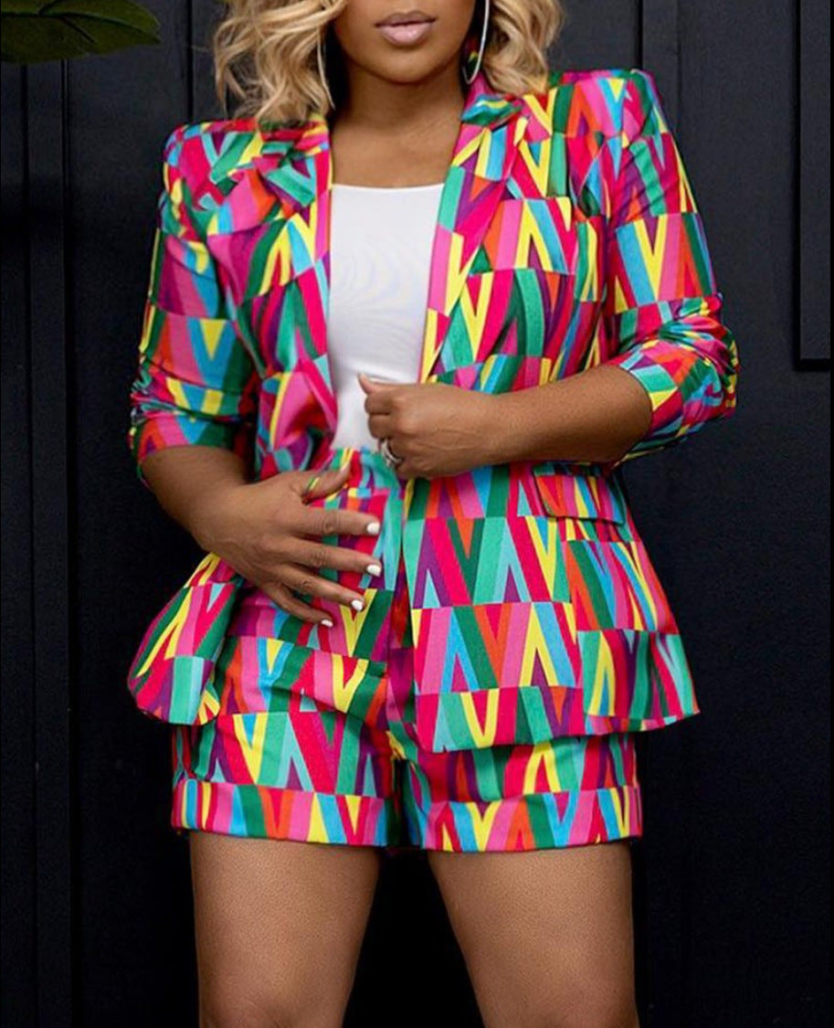 Conjunto de dos piezas de blazer, chaqueta y pantalones cortos con estampado geométrico multicolor informal para mujer