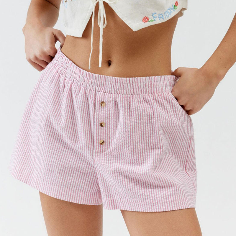 Women Casual Stripe Button Loose Shorts