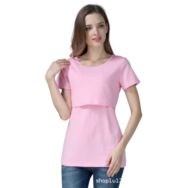 Camiseta de lactancia de color liso, informal, de manga corta, para embarazadas