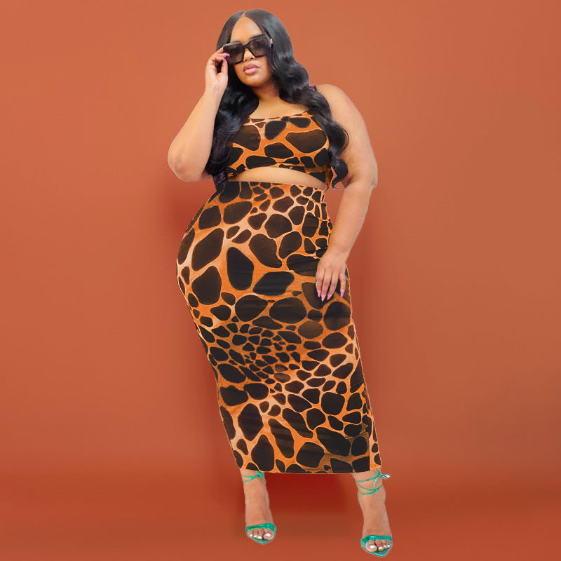 Conjunto de dos piezas de camiseta sin mangas con estampado de leopardo y falda ajustada con estampado integral para mujer, talla grande, informal