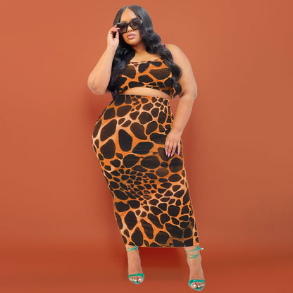 Conjunto de dos piezas de camiseta sin mangas con estampado de leopardo y falda ajustada con estampado integral para mujer, talla grande, informal