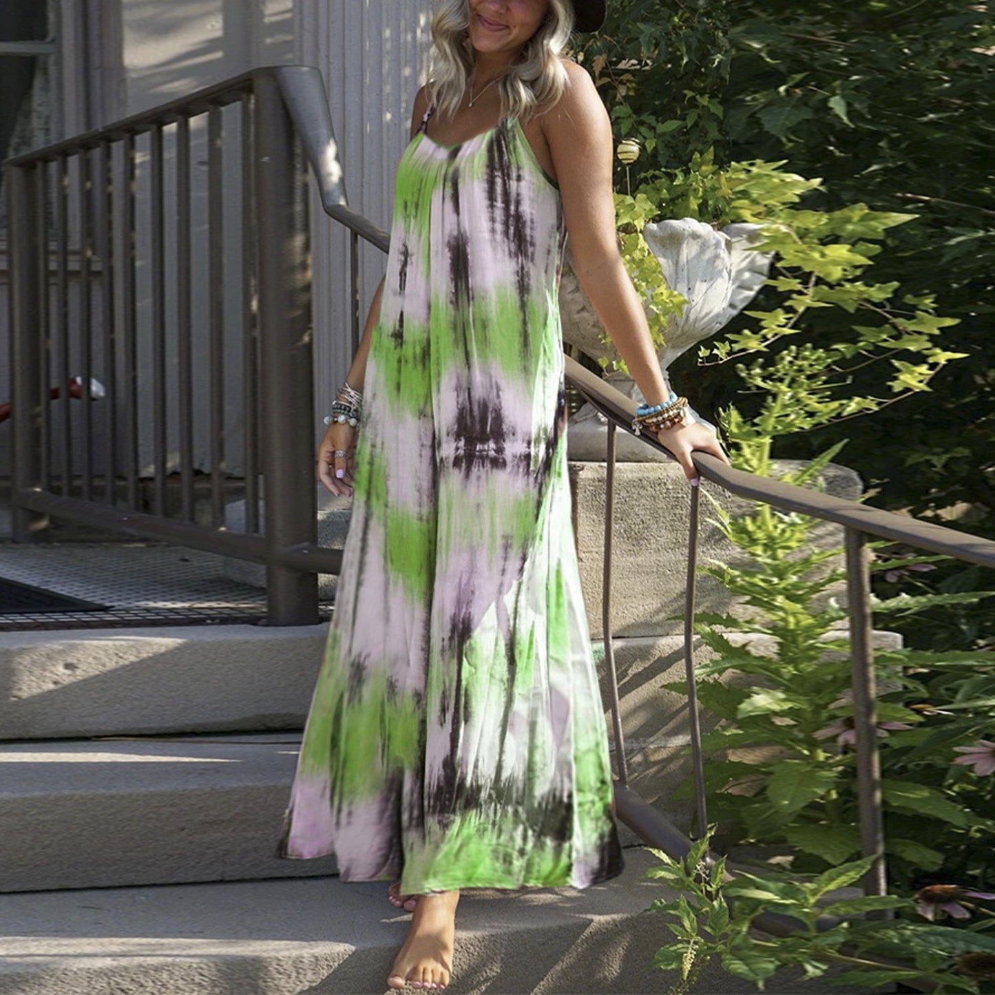 Women Fashion Casual Vacation Tie Dye Print Spaghetti Strap Maxi Loose Dress