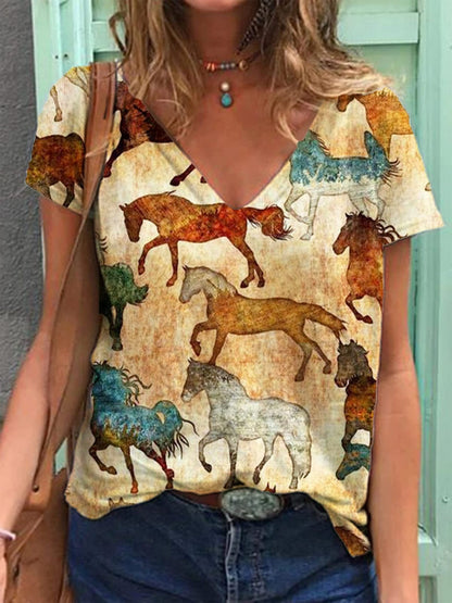 Camiseta informal holgada con cuello en V y manga corta para mujer