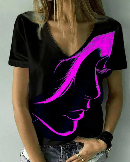 Camiseta básica de verano con cuello en V y estampado 3D de personajes informales para mujer