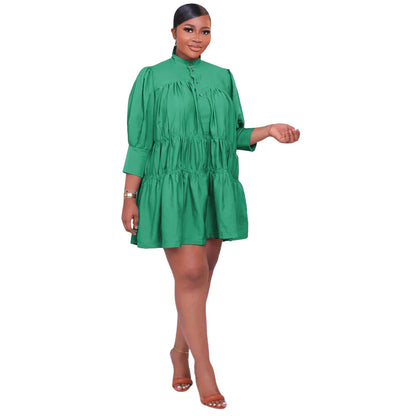 Women Simple Loose Casual Half High Neck Long Sleeve Dress