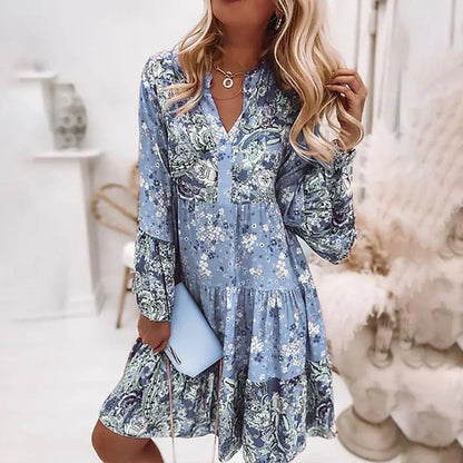 Bohemian Women Elegant Vintage Spring Casual V Neck Ruffled Long Flare Sleeves Mini Dress