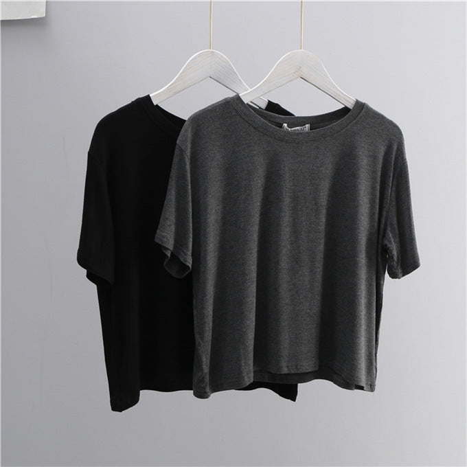 Camiseta informal de verano para mujer, color liso, holgada, cuello redondo, manga corta, en blanco