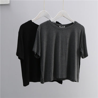 Camiseta informal de verano para mujer, color liso, holgada, cuello redondo, manga corta, en blanco
