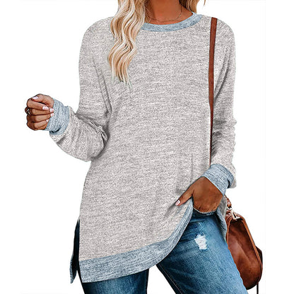 Camiseta informal de manga larga con cuello redondo y abertura en color para mujer