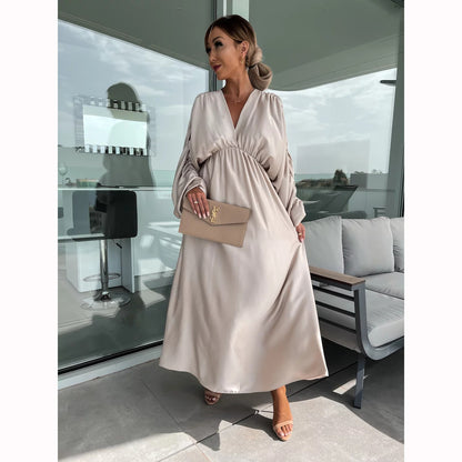 Women'S Casual Boho Solid Color Long Sleeve Pleated V-Neck Dress
