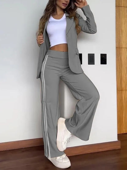 Conjunto de dos piezas de blazer, abrigo y pantalones con solapa y manga larga informal para mujer