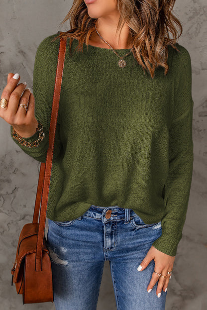 Women Casual Solid Color Round Neck Long Sleeve Knitted Sweater