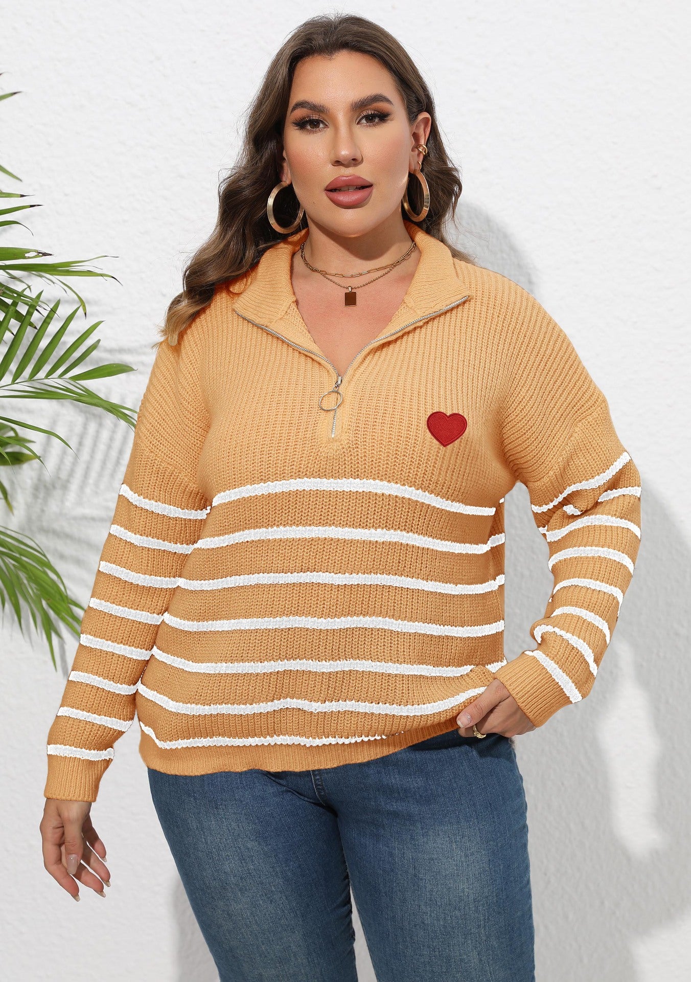 Suéter de punto informal para mujer, talla grande, invierno, otoño, a rayas, media cremallera y solapa