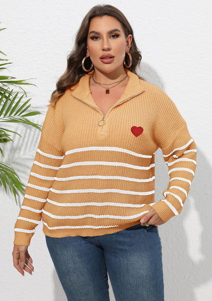 Suéter de punto informal para mujer, talla grande, invierno, otoño, a rayas, media cremallera y solapa