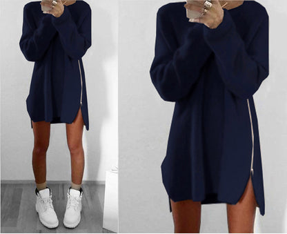 Autumn And Winter Women Casual Loose Solid Color Side Zipper Knitted Dress