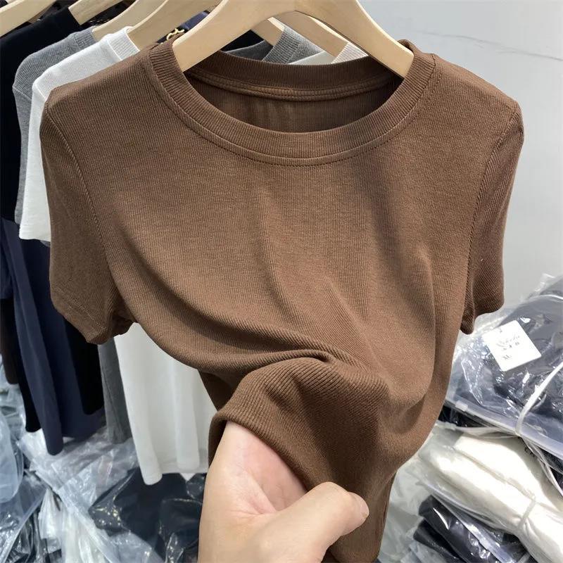 Summer Women Casual Solid Color Tight Thread Short Sleeve Blank T-Shirt