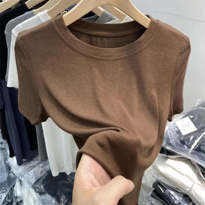Summer Women Casual Solid Color Tight Thread Short Sleeve Blank T-Shirt