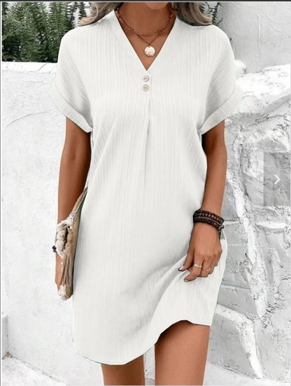 Vestido informal de oficina para mujer, elegante, de color liso, con cuello en V, cómodo, de manga corta y botones