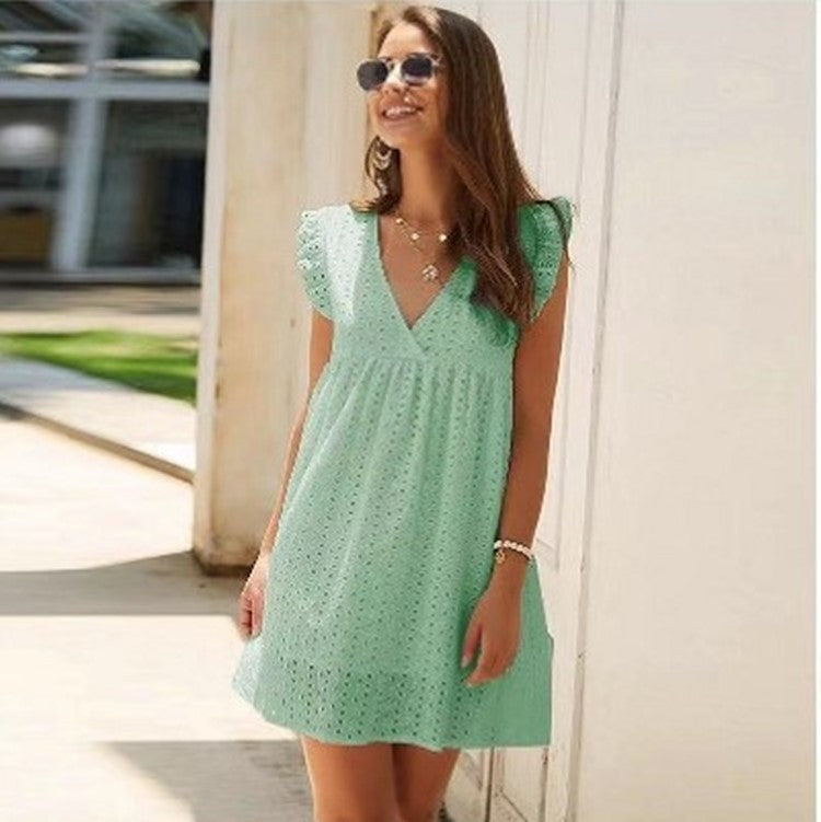 Vestido minivestido elegante para mujer, de color liso, con escote en V, encaje con volantes, sin mangas, corte A, informal, holgado, para playa y verano