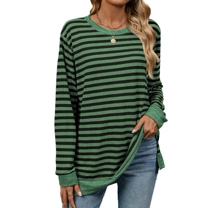 Camiseta informal de manga larga con cuello redondo y rayas para mujer