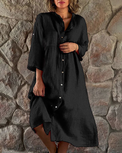 Casual Women Cotton Linen Solid Color Button Shirt Dress