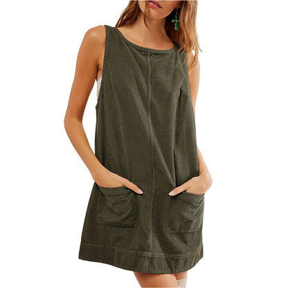 Women Casual Corduroy Solid Color Sleeveless Mini Dress