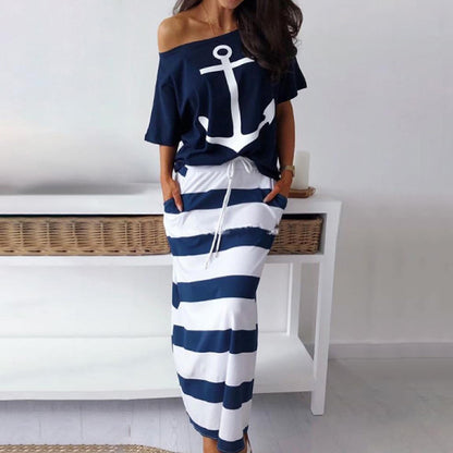 Conjunto de top informal con estampado gráfico atrevido para mujer y falda con bloques de color a rayas