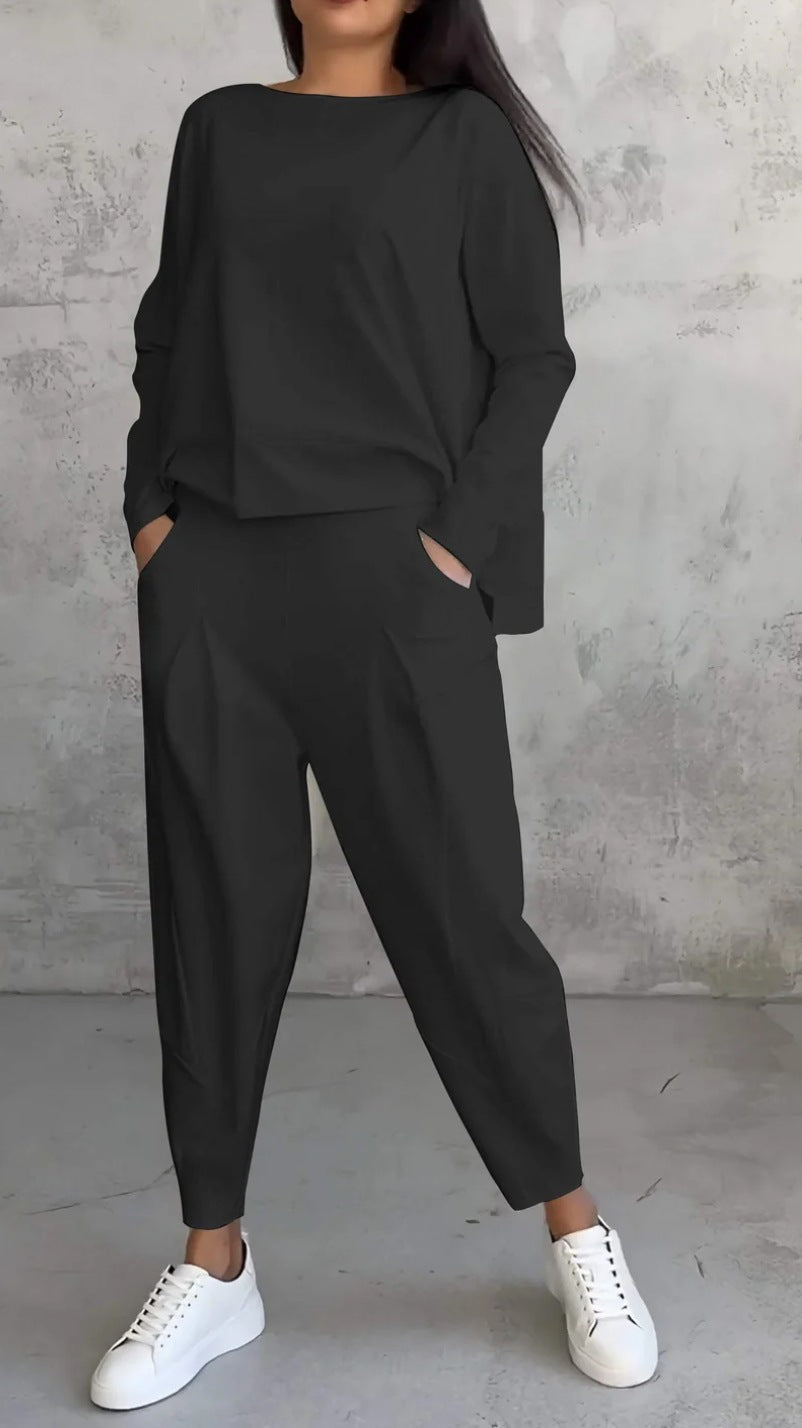 Conjunto de dos piezas de top y pantalón de manga larga con cuello redondo y color liso para mujer