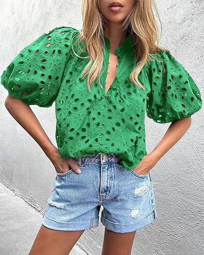 Blusa informal de verano con mangas abullonadas y cuello en V para mujer, con encaje calado y bordado