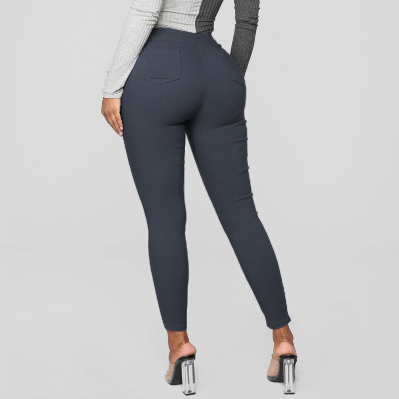Casual Women Plus Size Basic Solid Color High Waist Pocket Skinny Pants