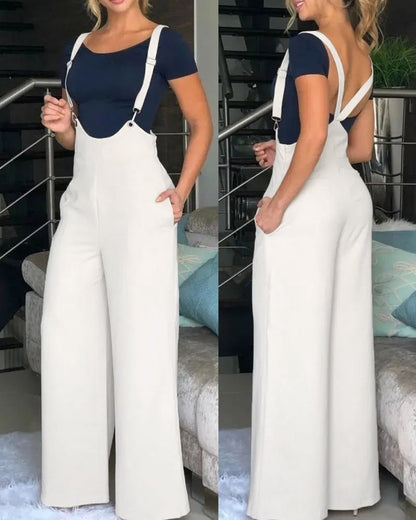 Women Fashion Casual Solid Color Loose Strap Pants