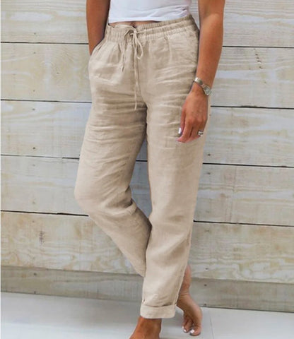 Women Casual Solid Color Cotton And Linen High-Waist Lace-Up Pants