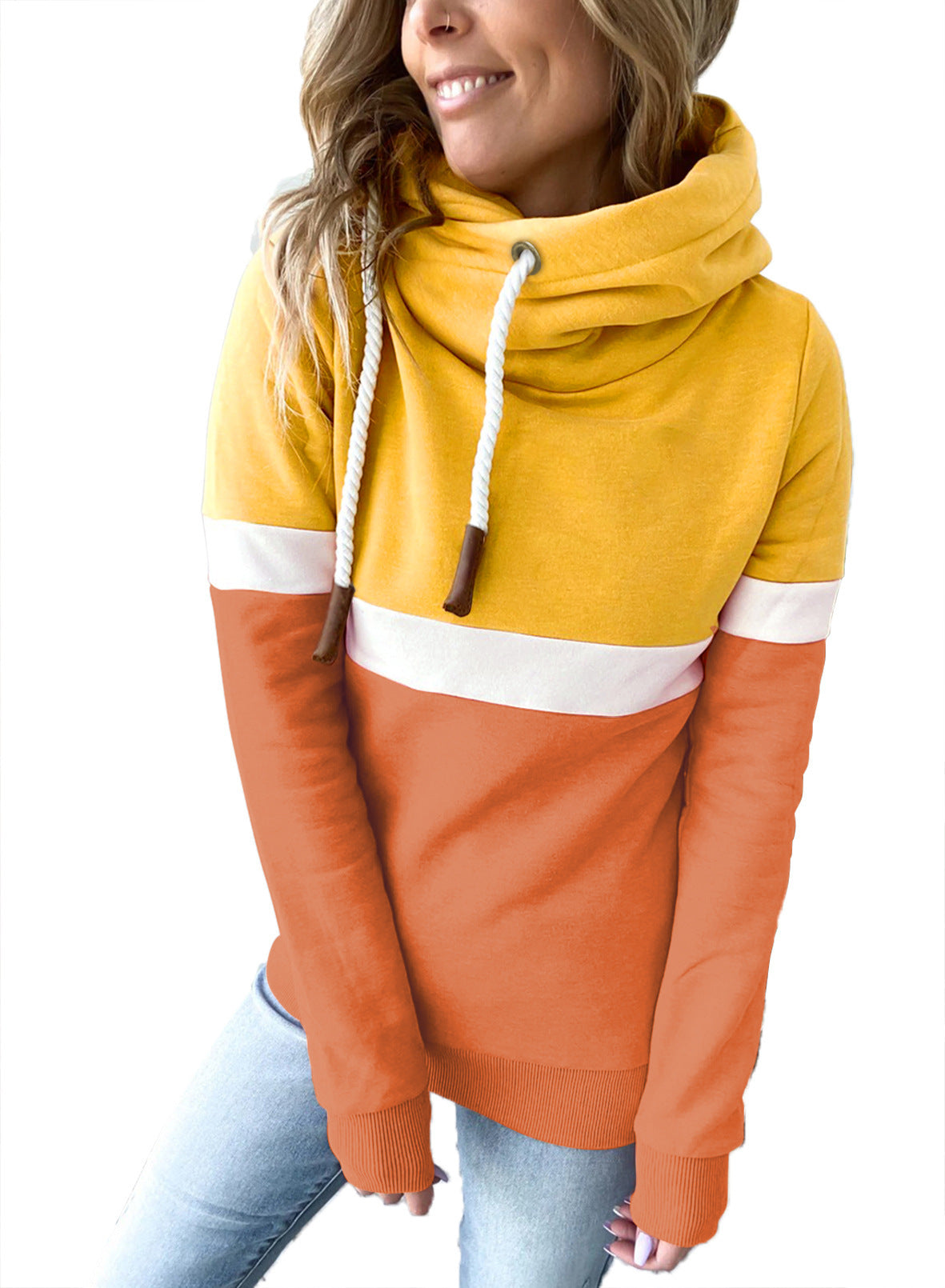 Sudadera con capucha informal de manga larga con contraste de color para mujer, otoño e invierno