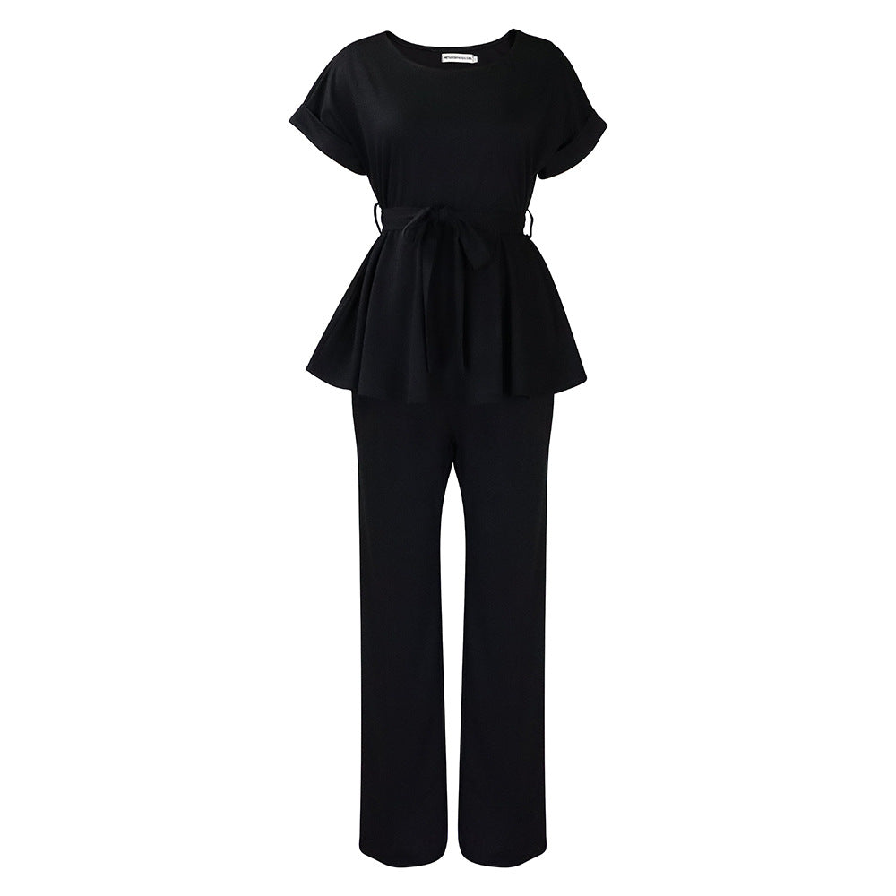 Conjunto de dos piezas de top y pantalón de manga corta de color liso informal para mujer