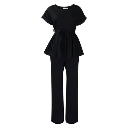 Conjunto de dos piezas de top y pantalón de manga corta de color liso informal para mujer
