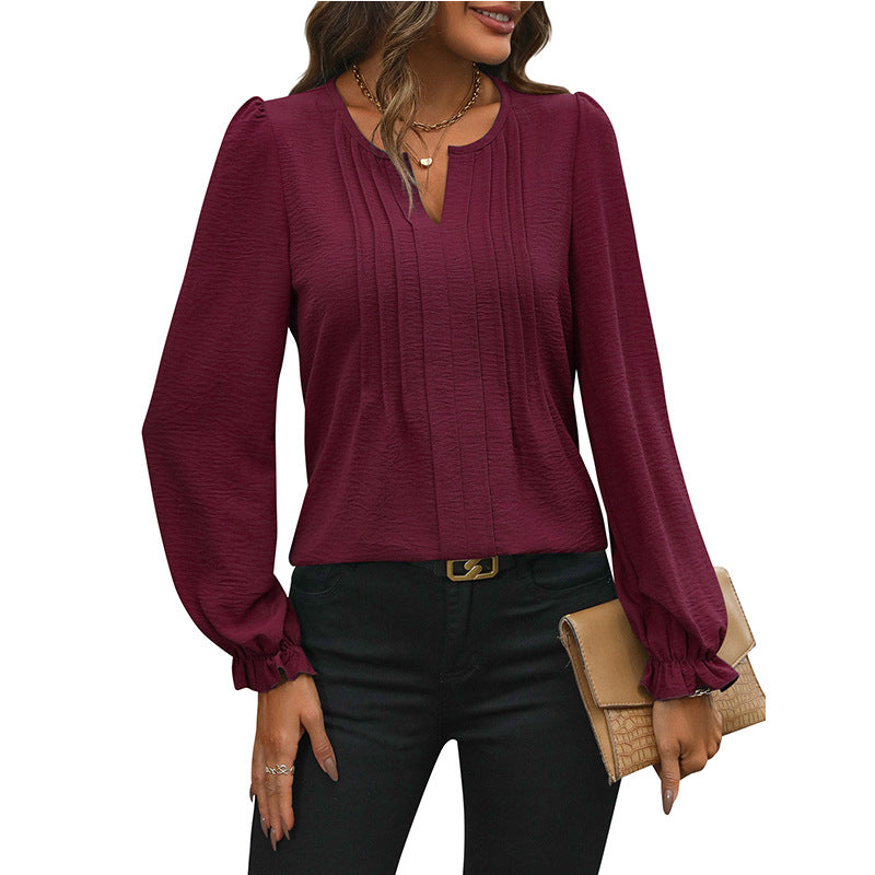 Camisa informal de gasa con cuello en V y manga larga para mujer