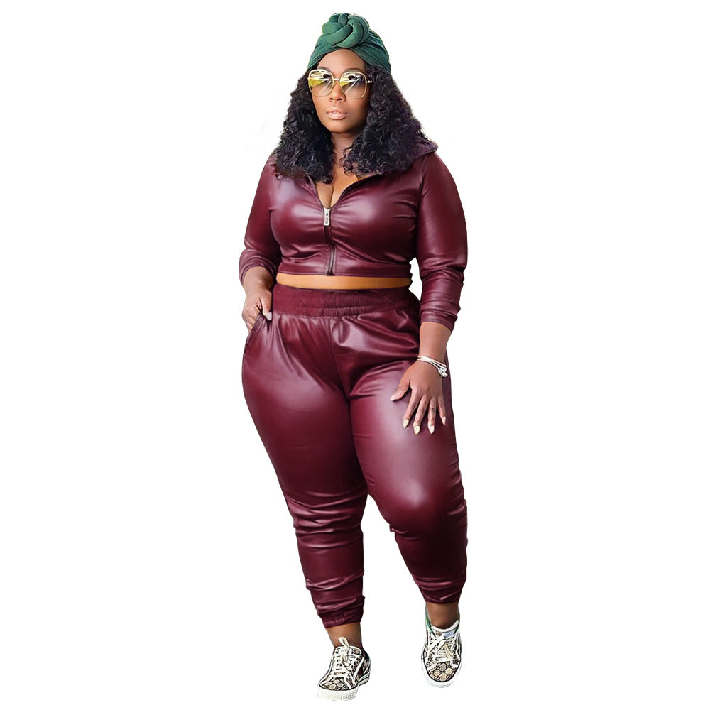 Conjunto de dos piezas formado por top y pantalón con cremallera, manga larga, PU, talla grande, informal, a la moda para mujer