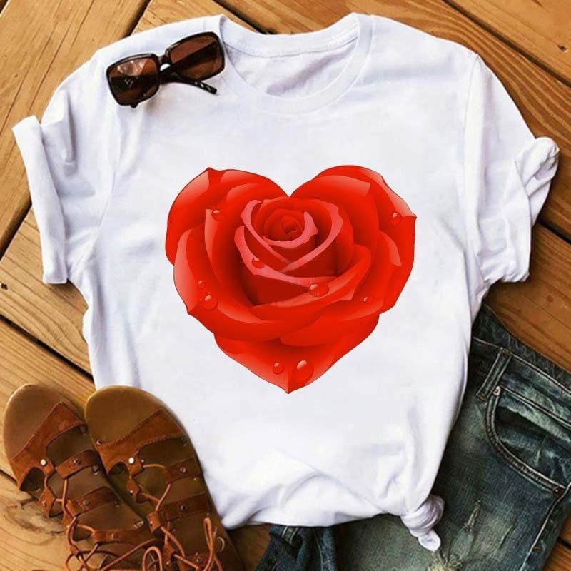Camiseta informal de manga corta con estampado de corazones para mujer