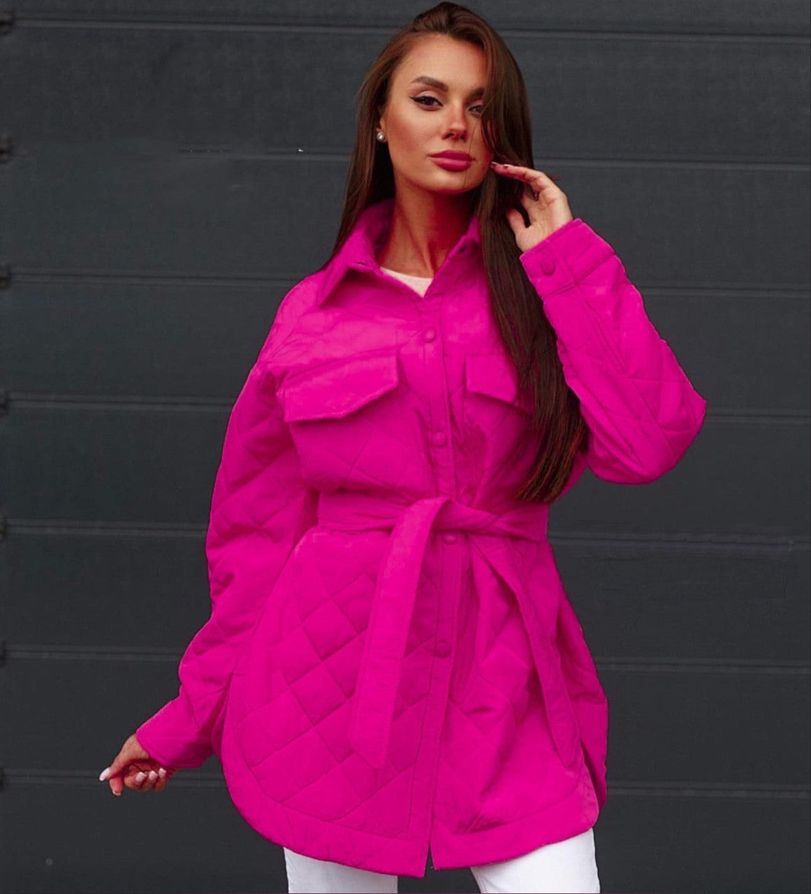 Autumn Winter Women Fashion Casual Loose-Breasted Lapel Warm Rhombic Quilted Jacket Coat