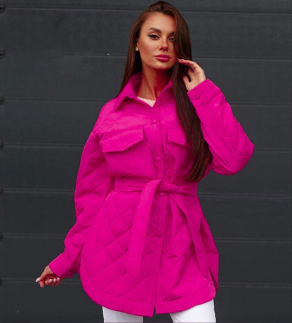 Autumn Winter Women Fashion Casual Loose-Breasted Lapel Warm Rhombic Quilted Jacket Coat