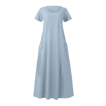 Women Casual Solid Color Cotton Linen Round Neck Short Sleeve Loose Dress