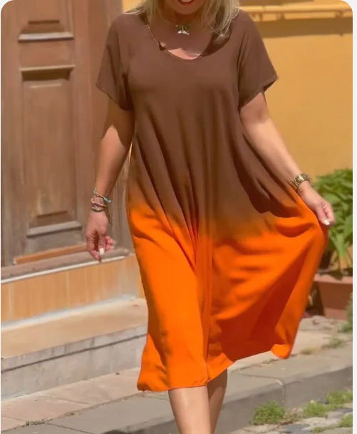 Summer Women Fashion Casual Plus Size Gradient Round Neck Short Sleeve Dress
