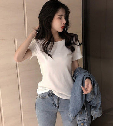 Camiseta informal de manga corta con cuello redondo y color liso para mujer